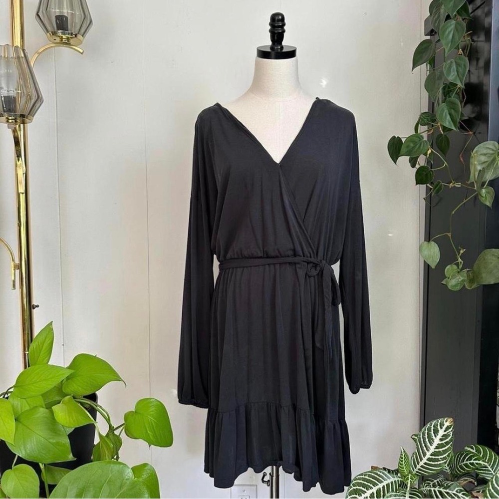 Lucky Brand Women Black Long Sleeve Midi Wrap Dress Ruffle Hem XL Minimalist
